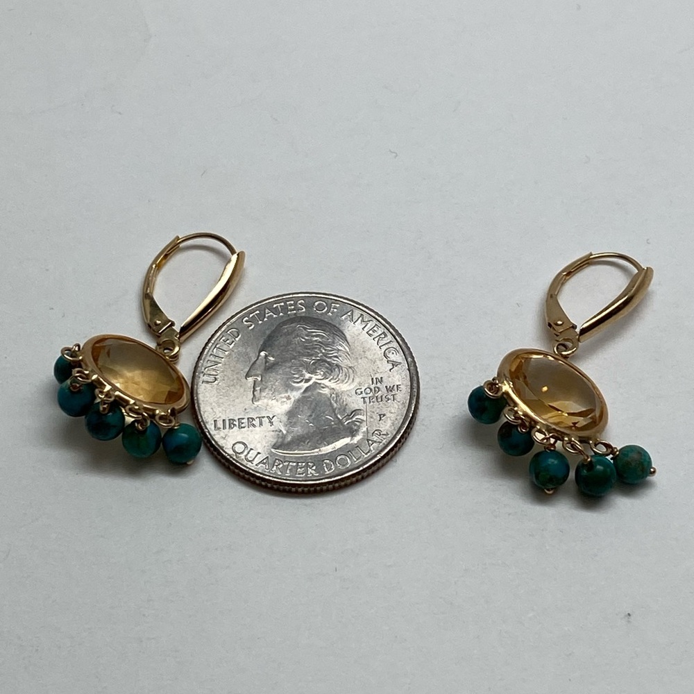 14K Yellow Gold Bezel Citrine and Turquoise Bead Dangle Leverback Earrings - Picture 6 of 15